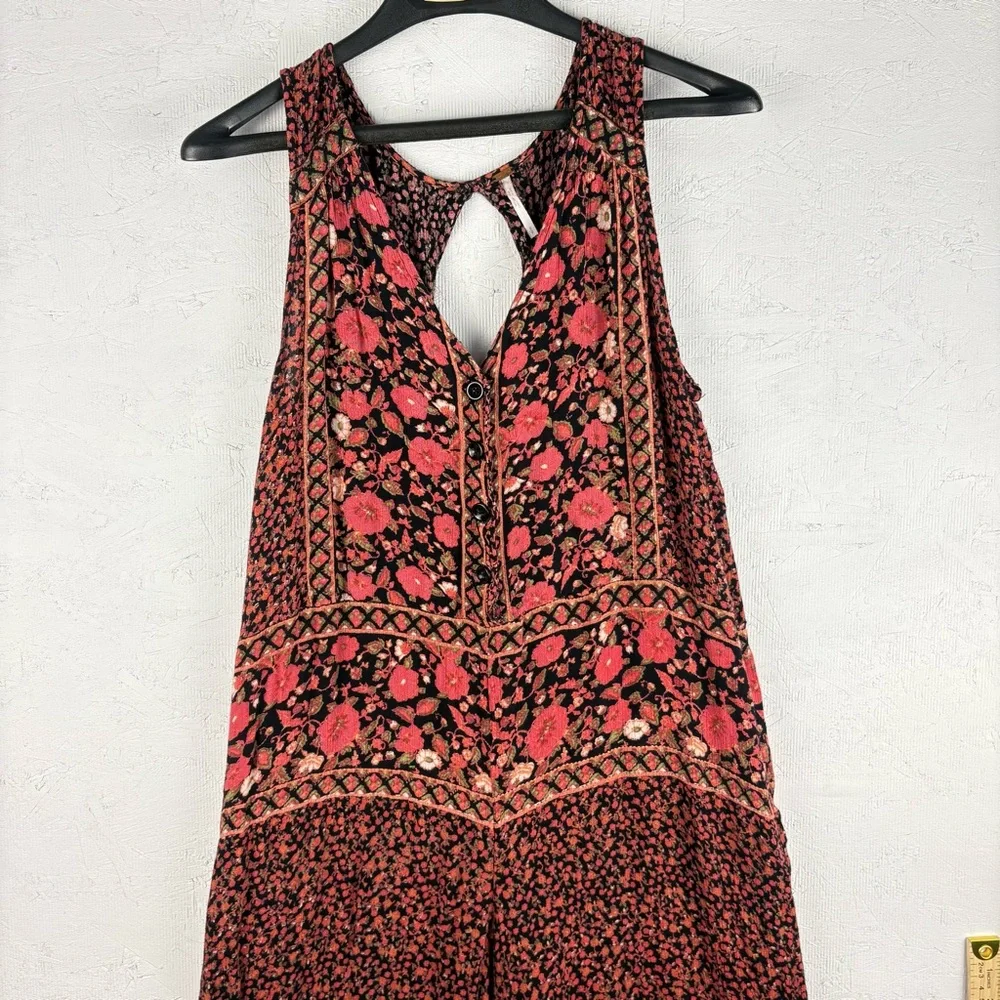 Free People Red Boho Pattern Jumpsuit with V-Neckline and Relaxed Fit Open Back - Picture 10 of 12